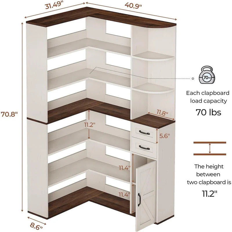 7-Shelf Corner Bookshelf L-Shape Bookcase Large Storage Shelf Display