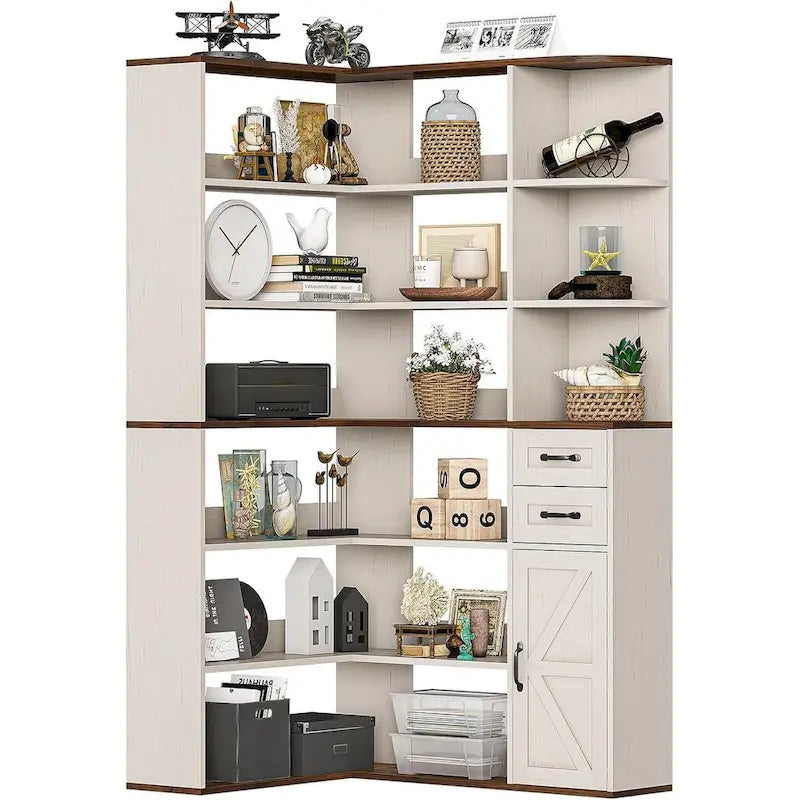 7-Shelf Corner Bookshelf L-Shape Bookcase Large Storage Shelf Display