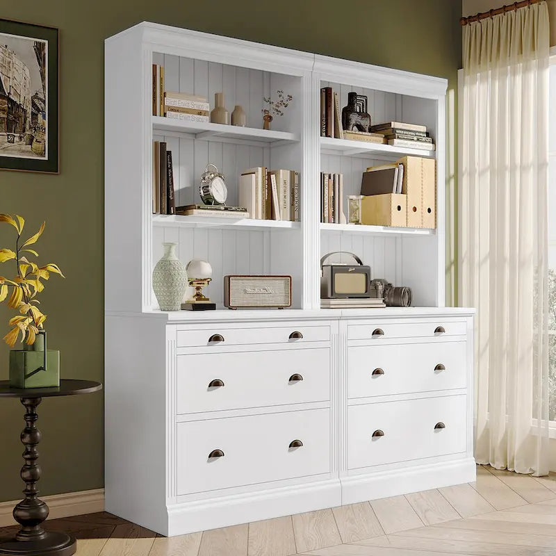 83.4 Tall Bookshelf Suite,Bookcase Suite with LED Lighting,Drawers and Open Shelves,2-Piece Set Storage Bookshelf
