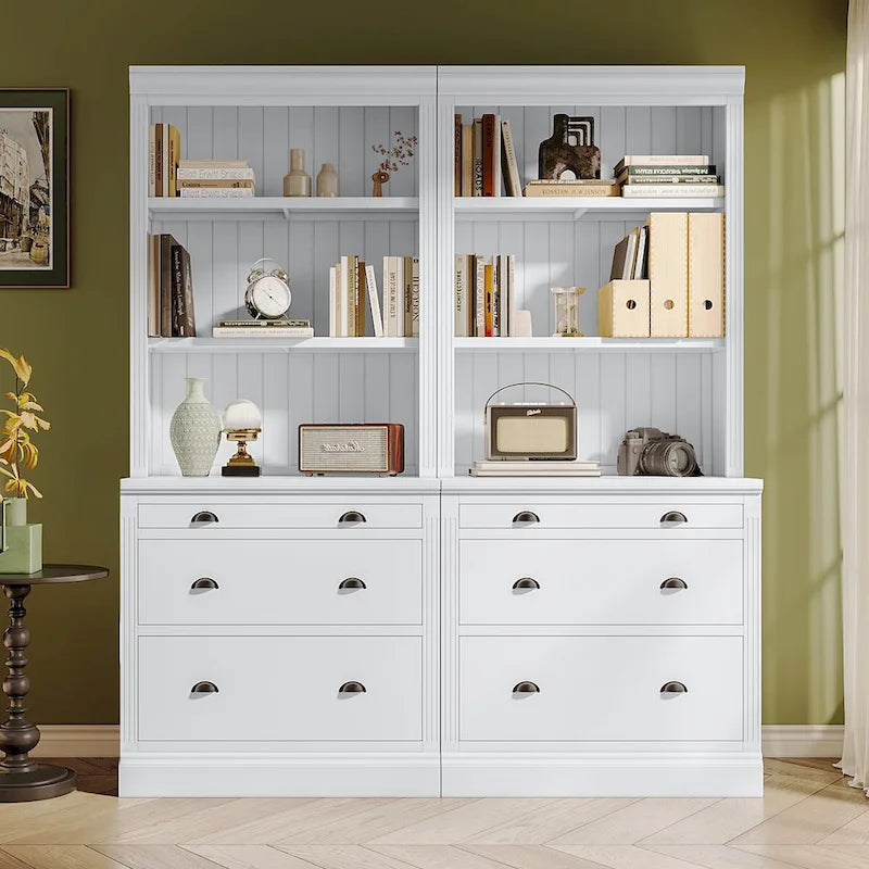 83.4 Tall Bookshelf Suite,Bookcase Suite with LED Lighting,Drawers and Open Shelves,2-Piece Set Storage Bookshelf