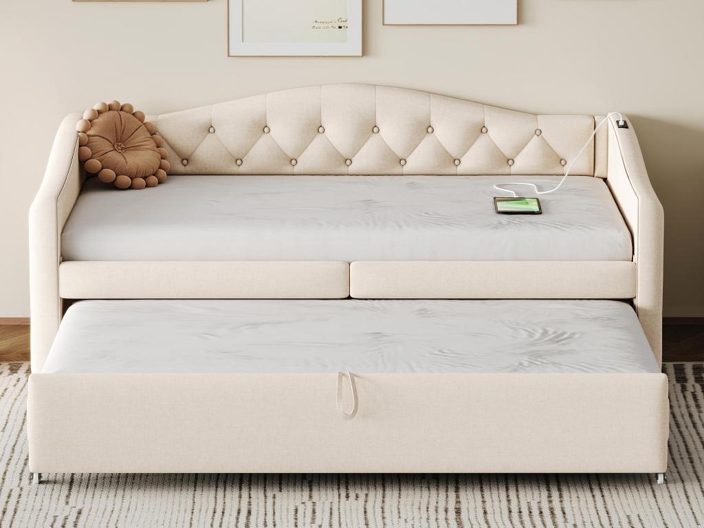 Beige Bed, 90 x 200 cm